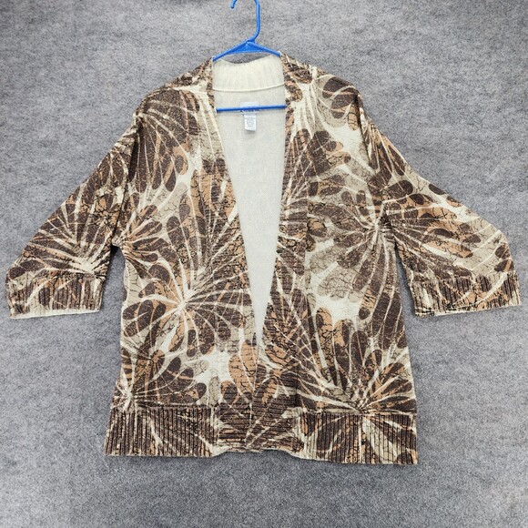Chico's Sweaters - Chicos Cardigan Womens 3 Open Front Short Sleeve Beige Gold Floral
